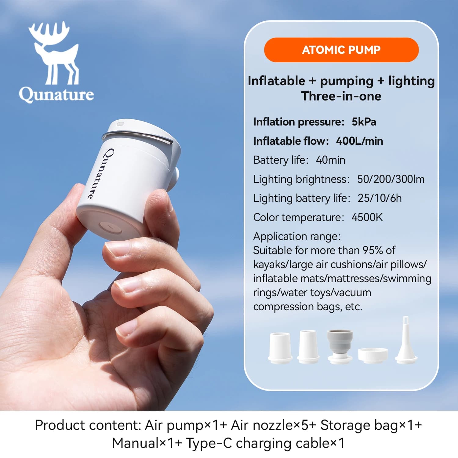 Qunature Air Pump – Lekka Pompka Elektryczna Campingowa, Mini Przenośny Inflator z Ładowaniem USB‑C