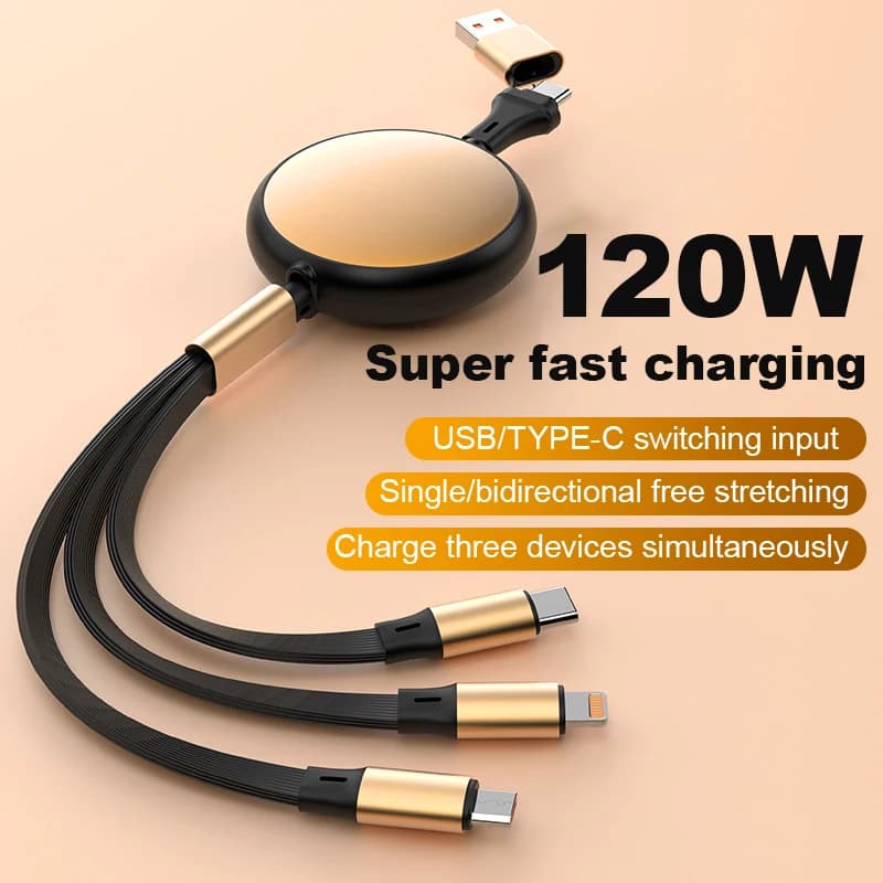5A 120W 3 in 2 Fast USB C Cable for Huawei/Honor Retractable Portable Micro USB Type C Charger Cord For iPhone Samsung