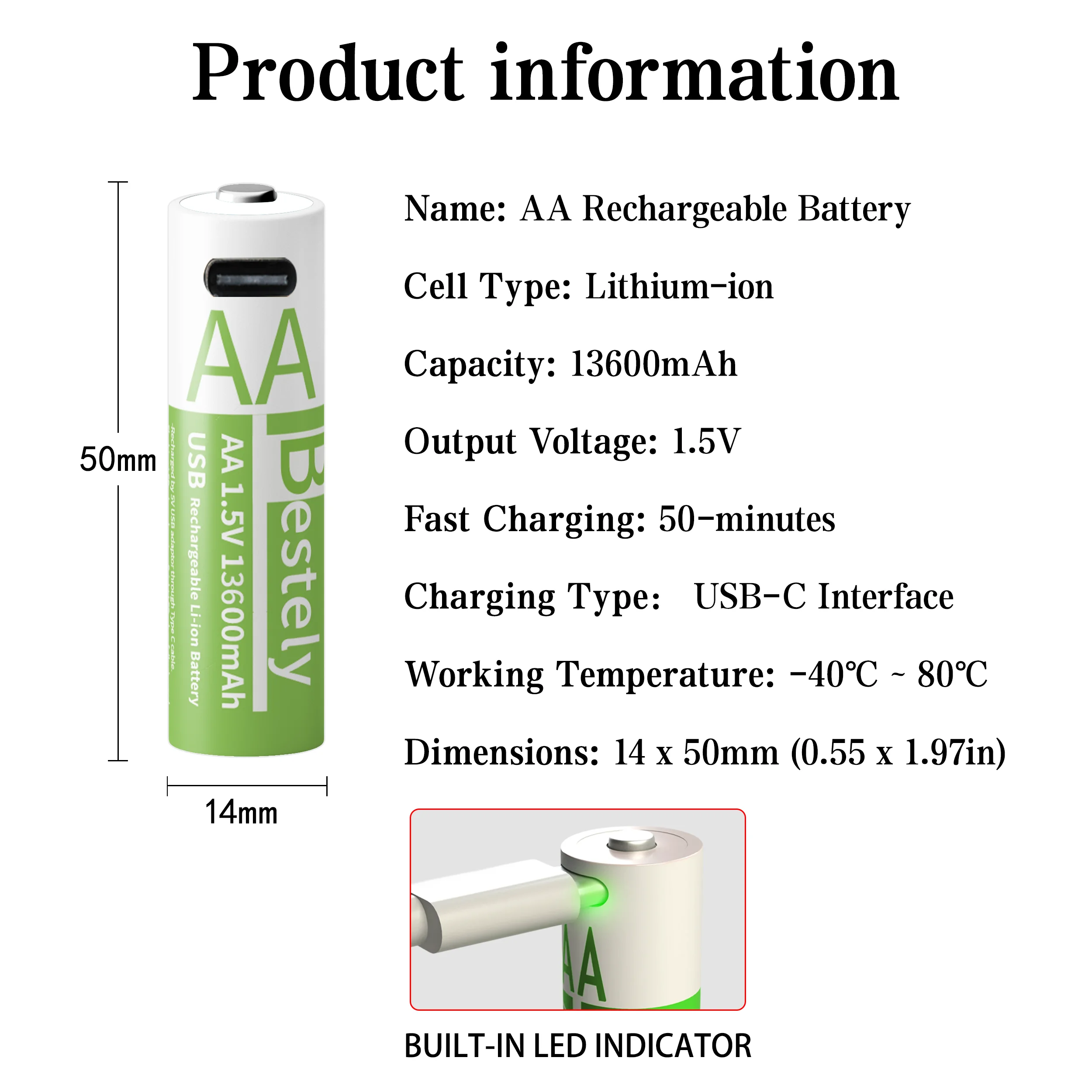 Baterie Li-On Bestely AA 13600mAh 1.5V - Akumulatory o ultrawysokiej pojemności z szybkim ładowaniem USB‑C.