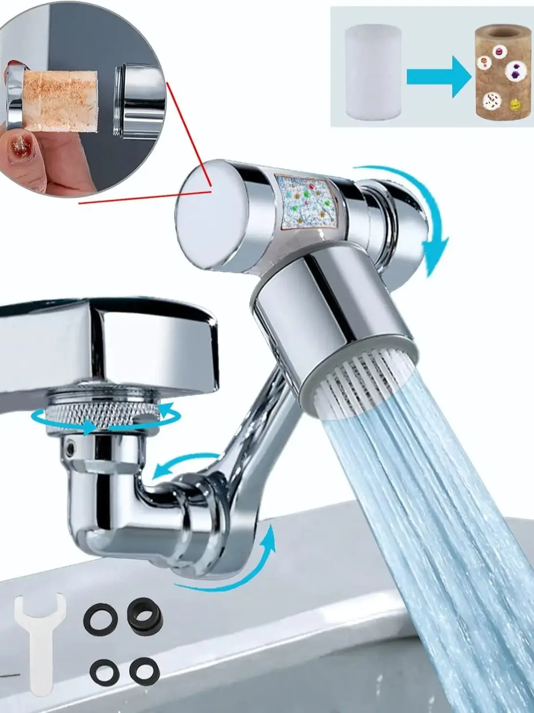 Universal Dual Modes Faucet Extender with Filter Metal 1080 Swivel Tap Bubbler Nozzle Sprayer Filtered Kitchen Faucet Extension