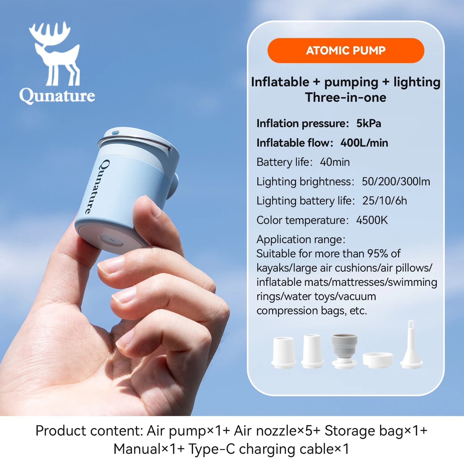 Qunature Air Pump – Lekka Pompka Elektryczna Campingowa, Mini Przenośny Inflator z Ładowaniem USB‑C