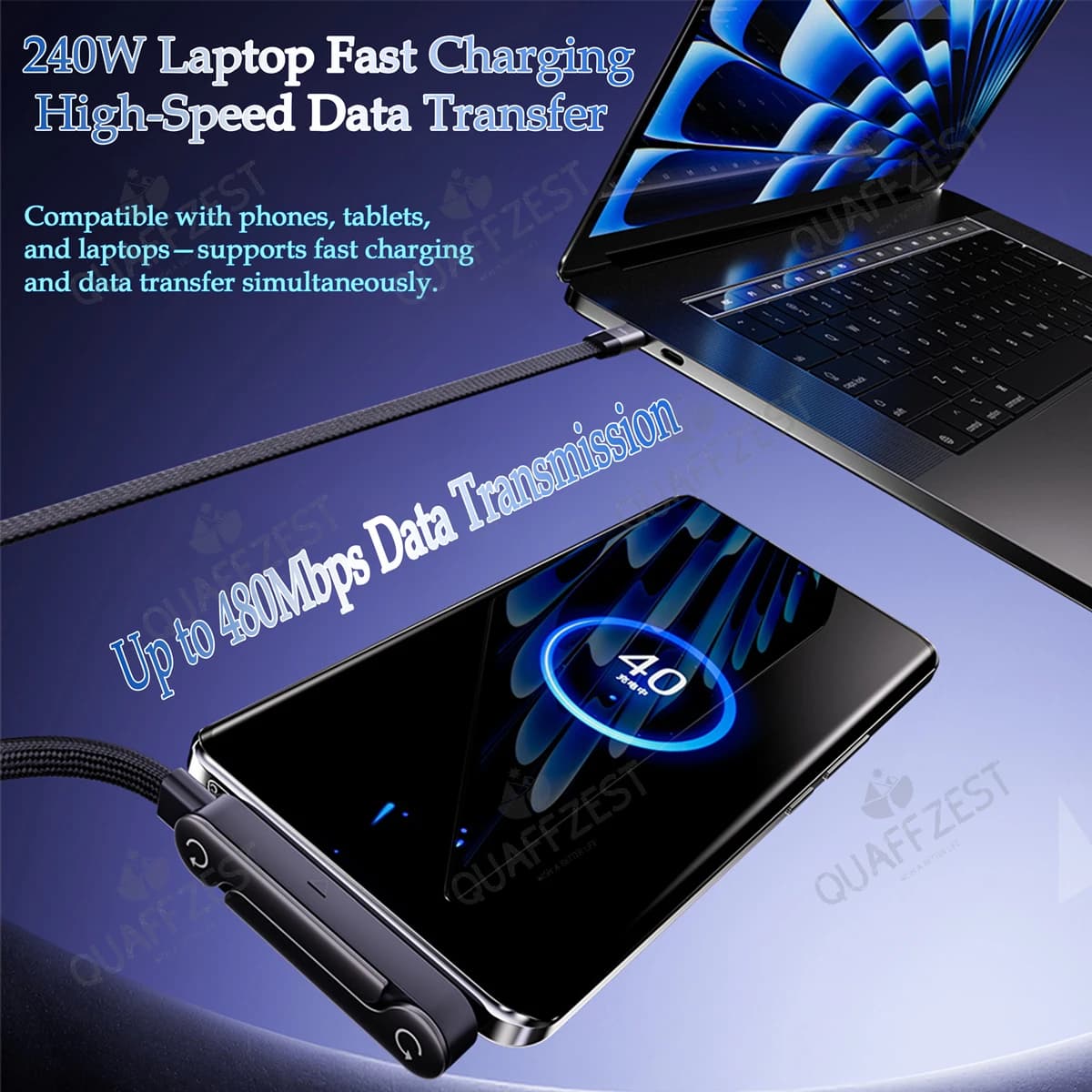 Kabel do szybkiego ładowania i składanym stojakiem 2‑w‑1 240W USB Typ-C – wytrzymały przewód do smartfonów i tabletów.