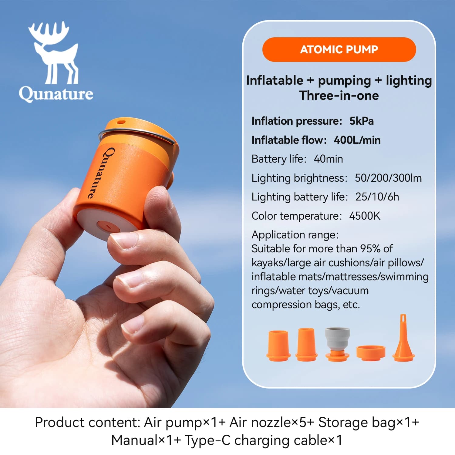 Qunature Air Pump – Lekka Pompka Elektryczna Campingowa, Mini Przenośny Inflator z Ładowaniem USB‑C